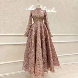 Party Dresses Dubai Muslim High Neck A-Line Evening Night Dress 2023 Women Wedding Gown Long Sleeves Ankle-Length Sequin Formal Prom