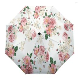 Umbrellas Pink Flowers Green Leaves Parasol For Outdoor Full-Automatic Eight Bones Rain Umbrella Gift Adults Kids