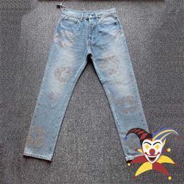 Diamond Inlaid Kapok Pattern Denim Jeans Men Women Vintage Oversized Denim Trouser T230806