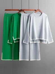 Women's Two Piece Pants Fashion Sweater Set LOOSE Round Neck Contrast Colour Split Long Sleeve Knit High Waist Wide Leg Trouser Suit