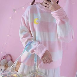 Women's Sweaters Japanese Cute Girls Knit Sweater Women Kawaii Moon Embroidery Stripes Purple Knitted Pullovers Winter Preppy Style Jumper