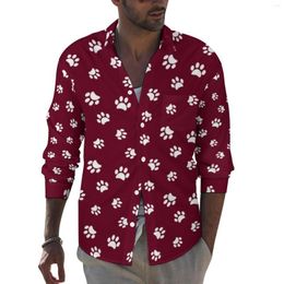 Men's Casual Shirts White Dog Paws Shirt Autumn Cute Print Man Cool Blouses Long Sleeve Custom Street Style Clothing Big Size 4XL