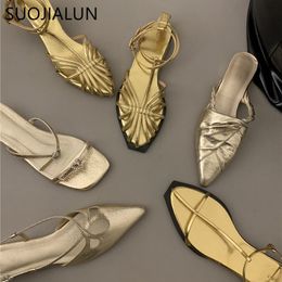 Sandals SUOJIALUN Summer Women Sandal Fashion Gold Narrow Band Ladies Dress Slides Flat Heel Outdoor Dress Sandal Slipper Shoes 230804