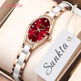 Wristwatches LIGE Sunkta Women Watch Fashion Elegant Ladies Watches Quartz Rhinestone Dial Ceramics Watchband Luxury Casual Wristwatch