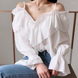 Women's Blouses Korean Style V Neck Sexy Off Shoulder White Shirt Female Summer Loose Chiffon Tops Women Flared Sleeve Blouse Camisas Y