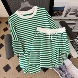 Women's Tracksuits Women T-Shirt Shorts Suit Summer Striped Two Pieces Set Elastic Waist Ladies Casual Tee Short Pants Sports Wear