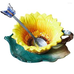 Cups Saucers Porcelain Butterfly Sunflower Mug Dish Spoon Ceramic Coffee Home Decor Chinese