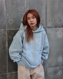 New Saint Michael embroidered letters sky blue retro hip-hop hoodie high street American casual oversized fleece sweater T230806