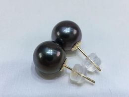 Stud Earrings 11-12mm Tahiti Round Black Green Pearl Earrings18K Gold