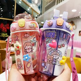 Water Bottles 430ml Cute Children Double Drinking Bottle Straw Cups Portable Student Couple Plastic Cup Gift School Kids