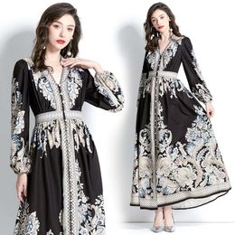 Item Womens Spring Summer Retro Palace Style V Neck Lantern Sleeves Long Printed Dress