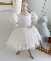 Girl Dresses Glitter Sequins Tulle Fluffy Baby Birthday Dress Short Puff Sleeve Christmas Gown First Communion