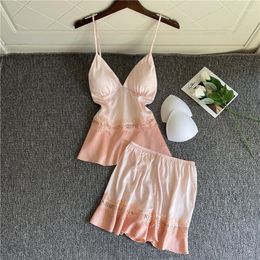 Women's Sleepwear Pink Strap Top&Shorts Women Satin Pajmaas Set Summer Sleep Sleeveless Female V-neck Pyjamas Suit Homewear