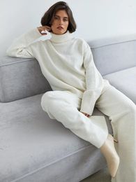 Women's Two Piece Pants CNACNOO Warm Turtleneck Knitted Two-Piece Sets Loose Wide Legs Cashmere Pullovers Autumn Winter Ladies Outfits