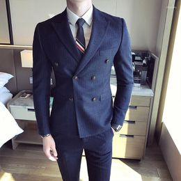 Men's Suits Men Double Breasted Stripe Slim Male Commerce Blazer Groom Wedding Tuxedos Suit With Pants 3 Pieces (Jacket Vest)