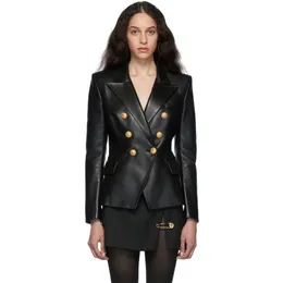 B1016 Women's Leather & Faux Leather Designer Genuine Leather Blazer Outerwear Elegant Double Breasted Soft Black Sheppskin Coat Jaqueta Feminina