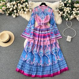 Retro ethnic style printed dress spring and summer flared sleeves waist up high-end feeling light luxury and large swing temperament long skirt