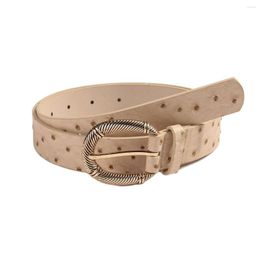 Belts Beige Ostrich Pattern Round Hole Vintage Carved Buckle Fashion Women's Outdoor Belt PU Leather Versatile Waist Decorati