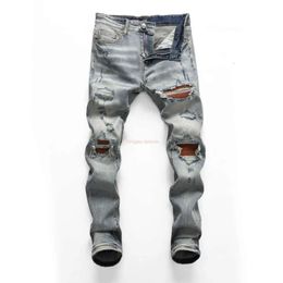 Designer Clothing Amires Jeans Denim Pants Amies 2023 High Street Fashion Brand Mens Wear Broken Brown Patch Jeans Blue Slim Fit719