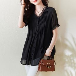 Women's Blouses 2023 Summer Middle-aged Fashionable Elegant Female Tops Loose Pure Color Black Chiffon V-neck Women Short Sleeve Shirt T289