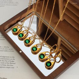 Necklace Earrings Set Green Zircon Pull Ring Ladies Jewellery French Fashion Stainless Steel Chain Accessories Wholesale