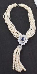 Chains 8rows Freshwater Pearl Near Round 3-4mm 25inch And Necklace Wholesale Beads Nature Blue Pendant