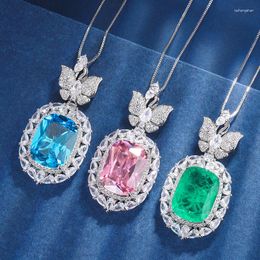 Pendant Necklaces EYIKA Gorgeous Square Sky Blue Pink Stone Necklace For Women Zircon Butterfly Connector Fusion Crystal Jewelry