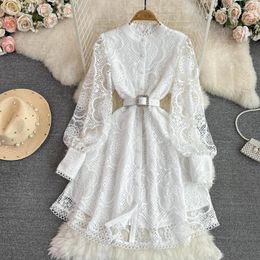 Casual Dresses French Retro White Dress For Women Lantern Sleeve Stand Collar Female Mini Lace Hollow Out Elegant Vestidos Drop