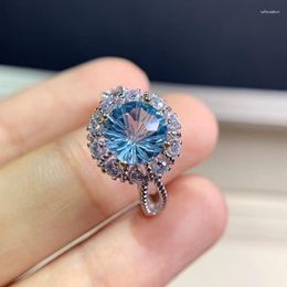 Cluster Rings Fashion Round Sun Flower Natural Firework Blue Topaz Ring S925 Silver Gemstone Women Girl Party Gift Fine Jewelry