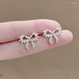 Stud Earrings Solid 14K Gold IF Cut Diamond Jewellry Earring For Women Aretes De Plata Ley 925 Mujer Bowknot Party Girls Box