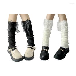 Women Socks Harajuku Ribbed Knitted Leg Warmer Long Bowknot Lettuce Ruffled Hem Student Warm Foot Cover Stockings