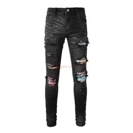 Designer Clothing Amires Jeans Denim Pants 8638 Fashion Brand Amies Made Old Holes Contrast Colour Stickers Slim Fit Small Foot Stretch392