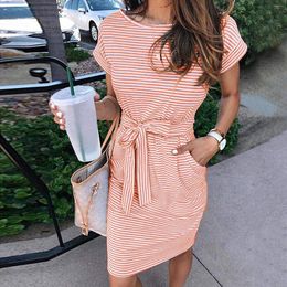 Casual Dresses Women'S Striped Short Sleeves T Shirt Dress Summer Outfits For Women 2023 Tie Waist Loose Mini With Pockets