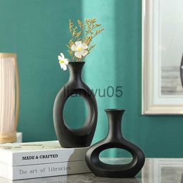 Vases Matte Black Minimalism Ceramic Vase Modern Nordic Geometric Fine Mouth Decorative Vases Creative Ceramic Flower Pot Art Vase x0806