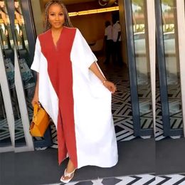 Ethnic Clothing 2023 African Dresses For Women Elegant Summer Half Sleeve V-neck Polyester Pink Red Dress Maxi Clothes