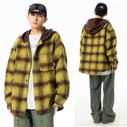 Men's Casual Shirts Winter Plaid Shirt Jacket Hooded 2023 Fashion Shacket Lapel Button Down Woollen Brushed Tartan Oversized Shirst Coat