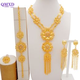 Wedding Jewellery Sets Luxury Crystal Flower Dubai Gold Colour For Women Bridal Long Tassel Necklace African Arab Party Gifts 230804