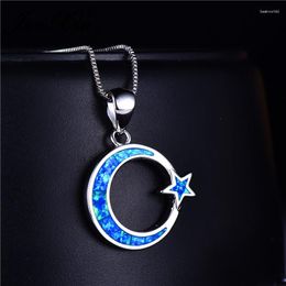 Pendant Necklaces Female Moon Star For Women Silver Colour Mystic Birthstone Blue White Fire Opal Necklace Wedding Jewellery