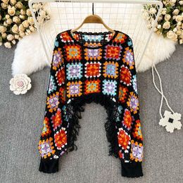 Women's Sweaters Autumn Beach Holiday Boho Women Tops Flower Crochet Long Sleeve Knitted Hollow Out O-neck Tessle Short Ladies Chic Pullover