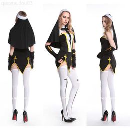 Theme Costume Christ Religion Adult Halloween Nun Sister Cosplay Come For Women Carnival Party Cross Printed Sexy Headwear Socks Skirt Sets L230804