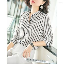 Women's Blouses Chiffon Shirt Summer 2023 Stripes Loose Long Sleeves Top Polo Neck Ladies Casual Clothing YCMYUNYAN