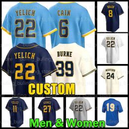 Custom men Milwaukee''Brewers''22 Christian Yelich Baseball Jersey Willy Adames Corbin Burnes Rowdy Tellez Hunter Renfroe 2022 Robin Yount Brew Crew