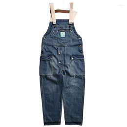 Men's Jeans Amekaji Garment Washed Vintage Blue Men Denim Overalls Big Hip Pocket Cargo Bib With Suspenders Loose