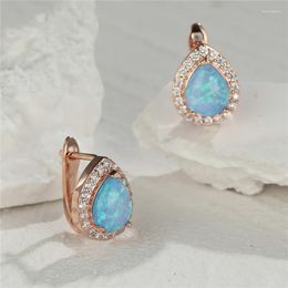 Hoop Earrings Cute Water Drop Stone Blue Fire Opal Charm Rose Gold Colour Small For Women Bride Wedding Jewellery