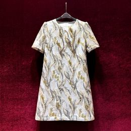 2023 Summer White Contrast Colour Jacquard Dress Short Sleeve Round Neck Knee-Length Casual Dresses A3Q122126