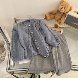 Clothing Sets 2023 Toddler Girls Spring Autumn Clothes Set Cotton Solid Loose Wide Leg Pant Suit Pullover Bottoming Knitted Open Stitch