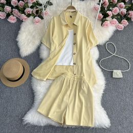 Women's Tracksuits 3-piece Shorts Set Fashion Suit Collar Shirt Camis Suits Wide Leg A-line Loose Summer Sets