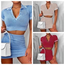 Work Dresses Ribbed Knit Striped Women's Skirt Set Sleeveless Polo-Collar Sweater And Midi Mini 2023 Two 2 Piece Outfit Tracksuit