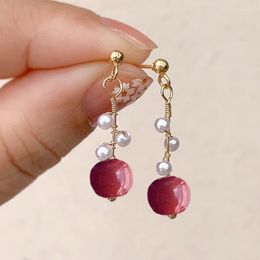 Dangle Earrings Natural An Jade S925 Silver For Women Twisted Pearl Light Luxury South Red Tourmaline Court Style Earings Jewellery