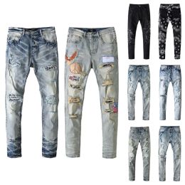 Mens jeans ripped motorcycle classic denim jogger style women jean hand-painted old style hand-woven fashion slim cotton loose pants CXG8063